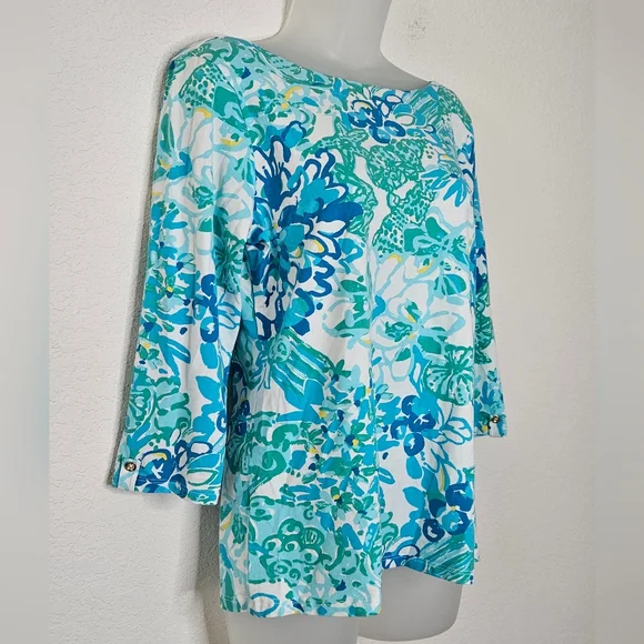 Lilly Pulitzer Juline Top Resort White In A Pinch Green Blue Floral Boatneck L - Picture 3 of 11